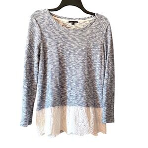 RXB‎ Blue White Marled Knit Embroidered Eyelet Lace Trim Long Sleeve Top Size S